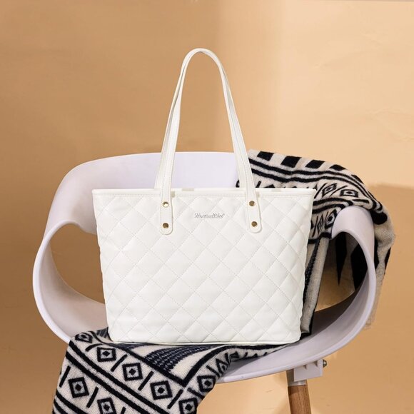 Elegant Vegan Leather Quilted Tote - Spacious Women's Handbag with Zipper - Picture 6 of 7